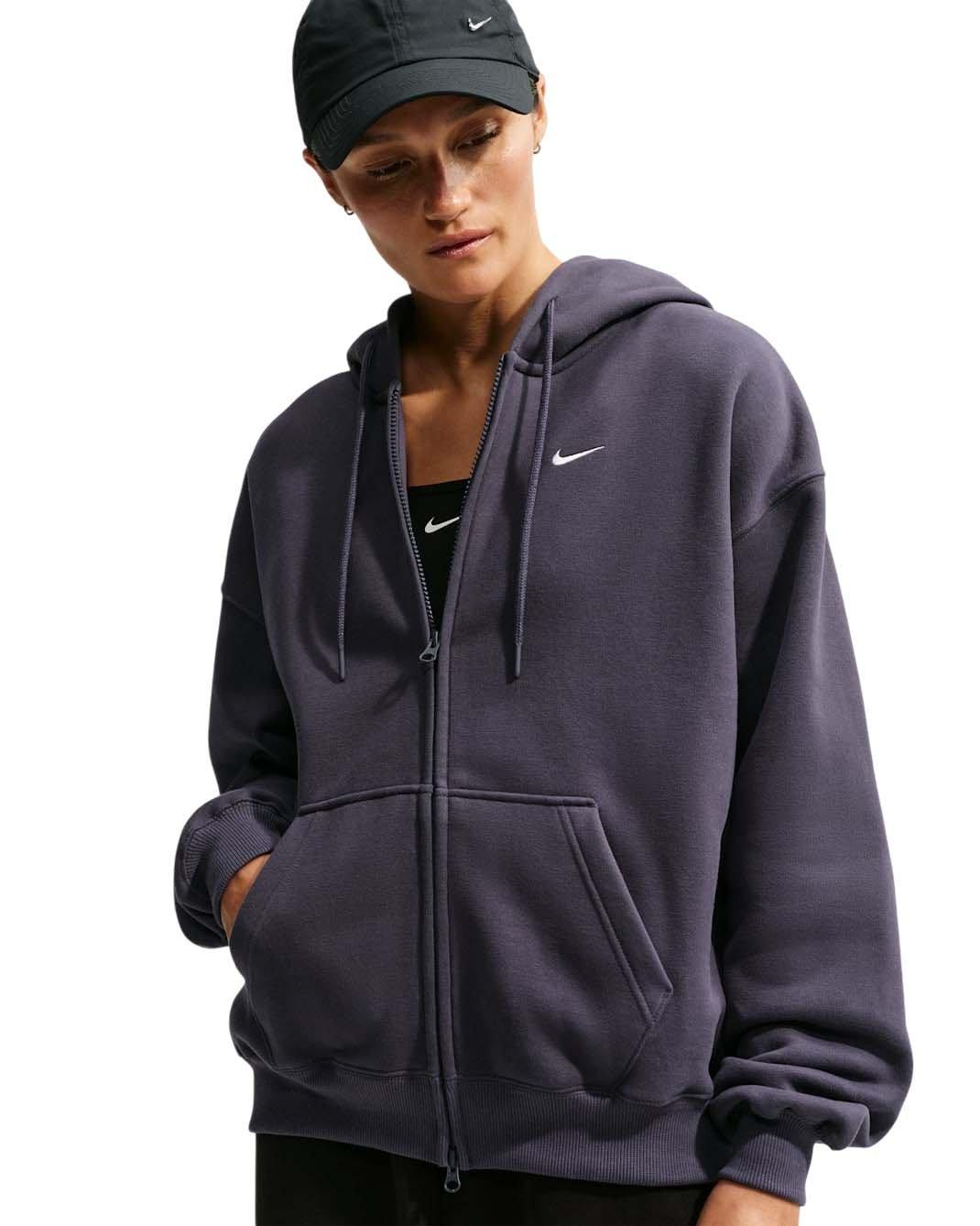 Nike Women's Studio Fleece Medium Weight Oversized Full-Zip Hooded Jacket - Dark Grey - DARK GREY